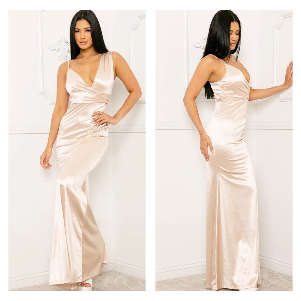 Floor Length Satin Champagne  Special Occasion Dress NWT